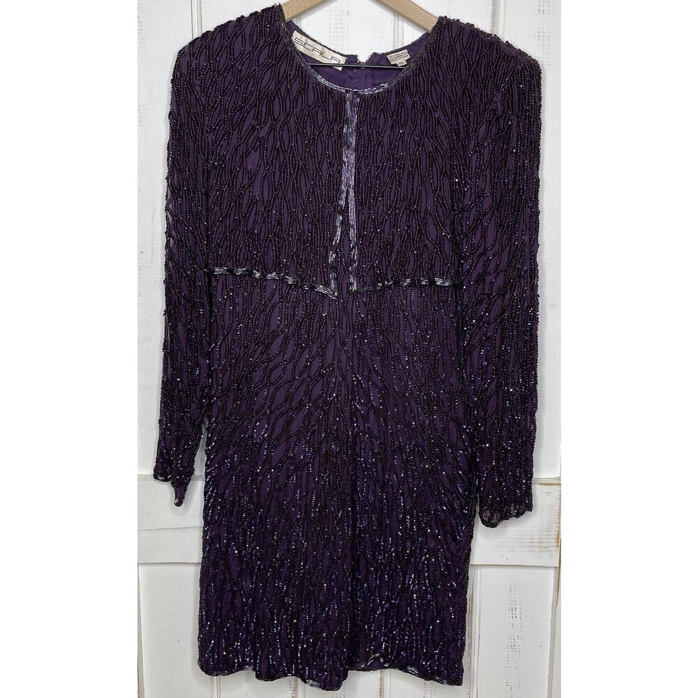 VTG Scala 80-90’s Purple Hand Beaded Sequin Long Sleeve Cocktail Formal Dress PL